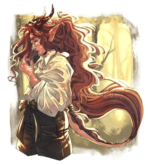 Digital illustration of a male character with a sturdy, muscular build, tan skin, long wavy brown hair, curled-back horns, and a long fluffy tail, viewed from the side against the backdrop of a forest with soft sunlight filtering through it. He is holding his hair back with one hand and holding a hair tie in his teeth ready to tie it back. He is wearing a loose white shirt and black trousers with a bow at the belt, and standing in dappled sunlight.