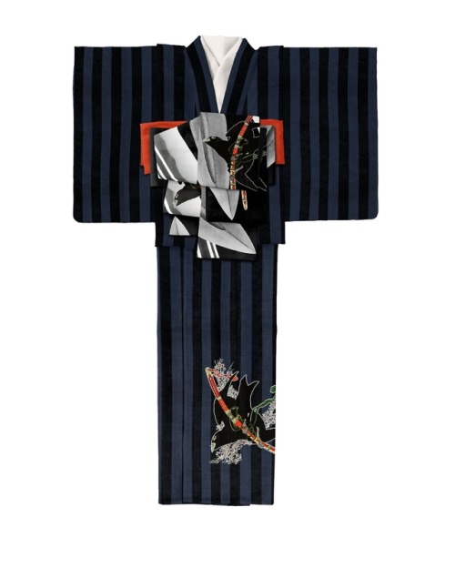 Those sharp kimono + obi by Gofukuya are a pun on “Kogarasumaru” (”little crow”), name of a legendar