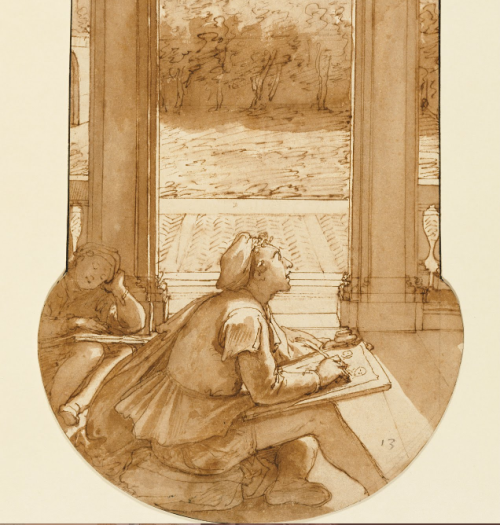 renaissance-art:  Federico   Zuccaro c. 1595   Taddeo Copying Raphael’s Frescoes in the Loggia of the Villa Farnesina, Where He is Also Represented Asleep   