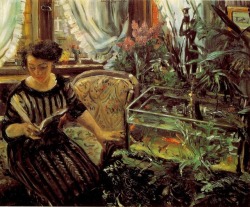 Chancegallery:lovis Corinth. Woman Reading Near Goldfish Tank.