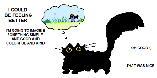 [ID: ms paint drawing of a fluffy black cat with wide yellow eyes on a white background. In the top 