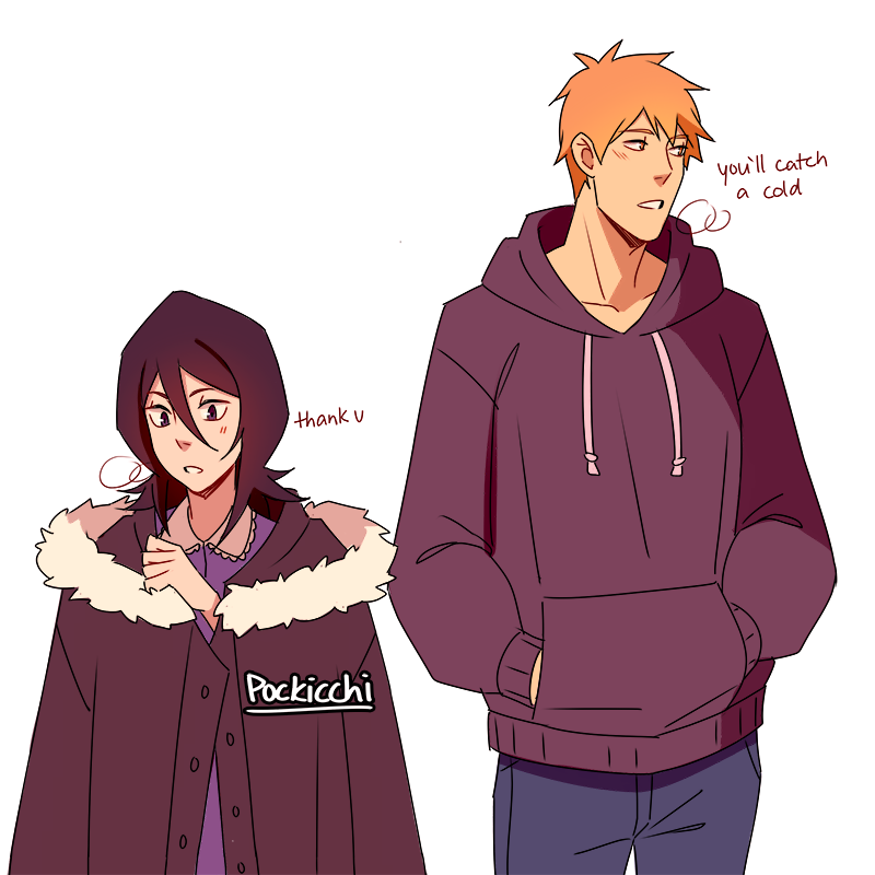 pockicchi:  more ichiruki ft rukia in ichigo’s clothes :3c 🧡💜    
