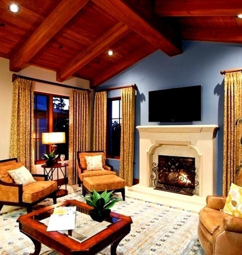 Family Room - Mediterranean Family RoomLarge Tuscan Open Concept Carpeted Family Room Photo With A Music