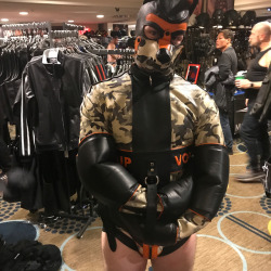 mr-s-leather:Pup Void in his new custom straitjacket and pup hood looked amazing at #MAL