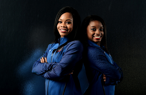 nastiasliukin:Gabby Douglas and Simone Biles pose for portraits at the USOC Rio Olympics Shoot on 