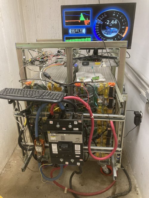 Homebrew powerwall built from a wrecked Tesla Model S.Recharged each day via a 17K watt solar array.