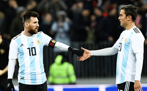 paulodybalasource:Paulo Dybala and Lionel Messi during an international friendly football match betw