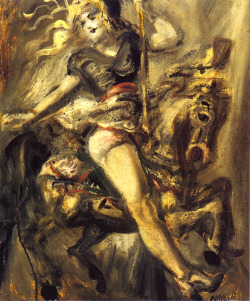 dappledwithshadow:  Girl on a Carousel HorseReginald Marsh - Date unknown Private collection	Painting - oil on board Height: 53.98 cm (21.25 in.), Width: 44.45 cm (17.5 in.)  