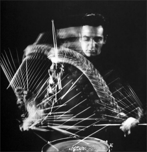 Gene Krupa Jam Session, 1941Drummer Gene Krupa playing drum at Gjon Mili&rsquo;s studio.New York, NY