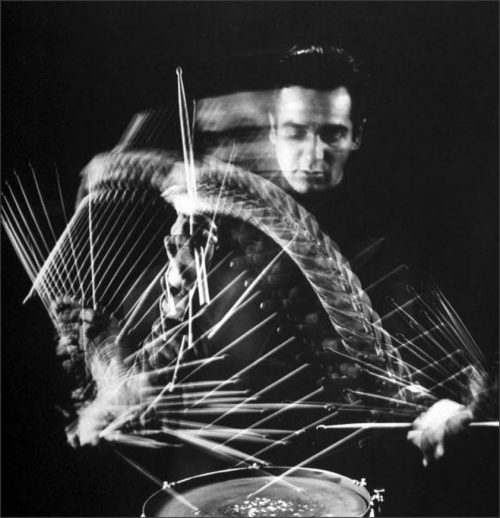 1950sunlimited:  Gene Krupa Jam Session, 1941 Drummer Gene Krupa playing drum at Gjon Mili’s studio. New York, NY photos: Gjon Mili