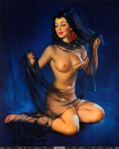 lovethepinups:    Gil Elvgren - “Elegance” 1950 - One of my favorite Elvgren paintings ever. A Spanish Senorita clothed in only a sheer black veil.   If you don’t follow me on Facebook, you are missing a lot of details about the art and the artist