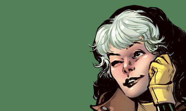 an edit of Rogue from Marvel Comics on a darker green background. She is wearing her 90s costume. She's off to the left, looking to the right with a smile and a wink. She is resting a hand against her cheek.