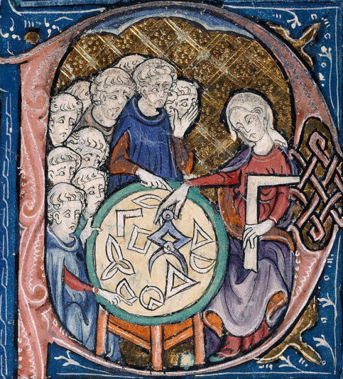 A woman teaches geometry in an illustration from a 14th century edition of Adelard of Bath’s t