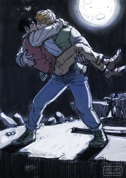 cris-art:Sketch color of “Jock and Nerd”   This scene was about is their first confession (kiss incluided) since they are going to jump off the cliff after being chased by zombies. Teddy was the first that confesses that he was in love with him