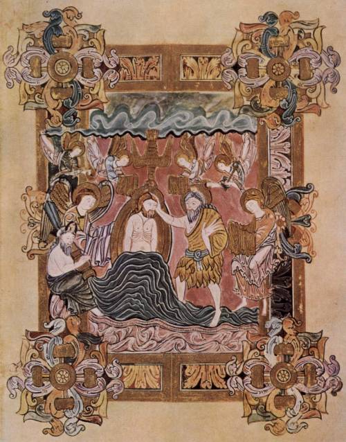 The baptism of Christ.  Miniature from the Benedictional of St. Aethelwold, written by the monk Gode