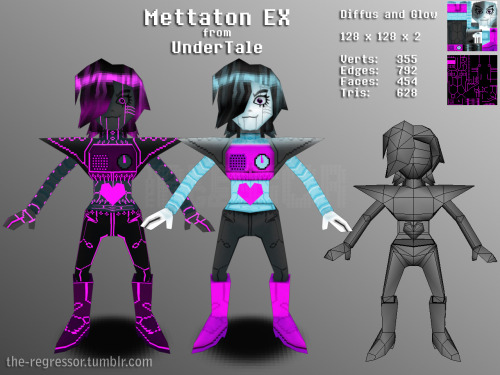 the-regressor:   Mettaton EX from UnderTale  On Sketchfab for 3D viewing [X] Tumblr posts: Mettaton (Default)  Napstablook, Alphys, Undyne, Papyrus,Sans, Flowey, Toriel, Frisk  - Undertale 3D is NOT a real game, these are just mock-ups I do for fun.-