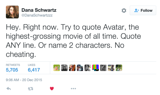 babylonian:  doyouhearthunder:  kinkshamer69:  6 years later and avatar (the james cameron movie) is still completely incomprehensible to me. like you’ve got the highest grossing film in recent history and no one actually enjoyed it beyond “eh. it