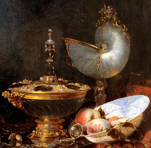 Nautilus Cup, Holbein Bowl, Glass Goblet, and Fruit Dish. 1678. detail