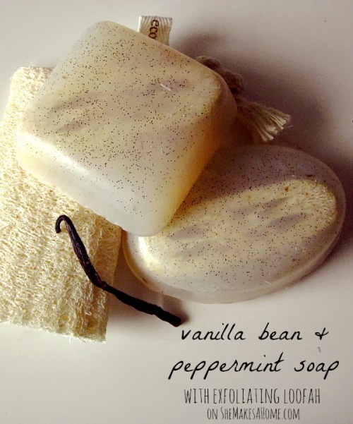DIY Vanilla Peppermint Loofah Soap Tutorial from She Makes a Home. This is a semi-homemade soap as t