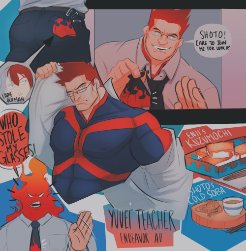 stormcallart:  A roundup of all my current YuueiTeacher!Endeavor art… I didn’t realize I’ve drawn so much for this. An AU where Endeavor seeks help early on and becomes a teacher at Yuuei. 