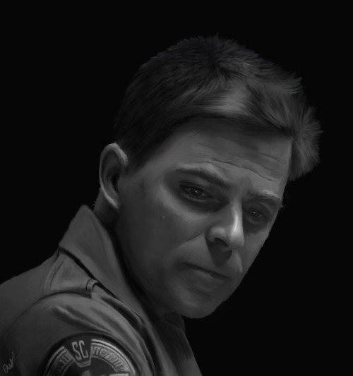 Black and white portrait of Evan Lorne from Stargate Atlantis and Stargate SG1.