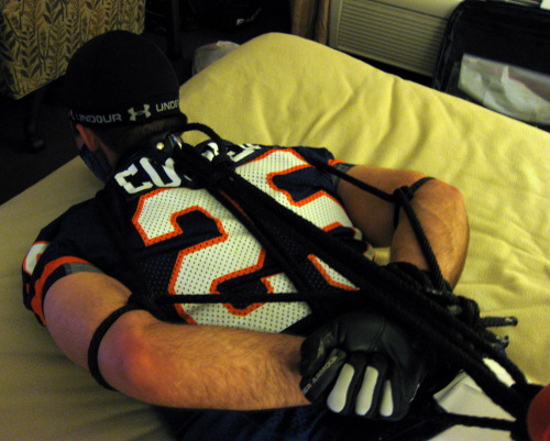 bondagejock:  Hogtied in football, from multiple adult photos