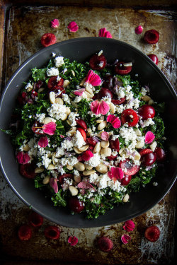beautifulpicturesofhealthyfood:  Kale Salad with Cherries and Almond Ricotta and Cherry Vinaigrette…RECIPE