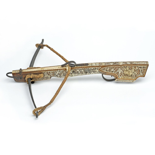 Crossbow with bone inlays, depicting hunting scenes, 17th century. Germany. Via Museum of Applied Ar