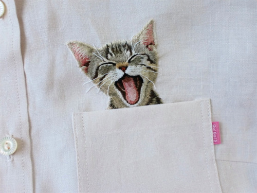 wordsnquotes:  culturenlifestyle:Custom Made Cat Embroidery on Shirts by Hiroko Kubota Japanese artist Hiroko Kubota began custom embroidery on shirts when her son requested to include figures of cats on them. When she posted the images online, as well