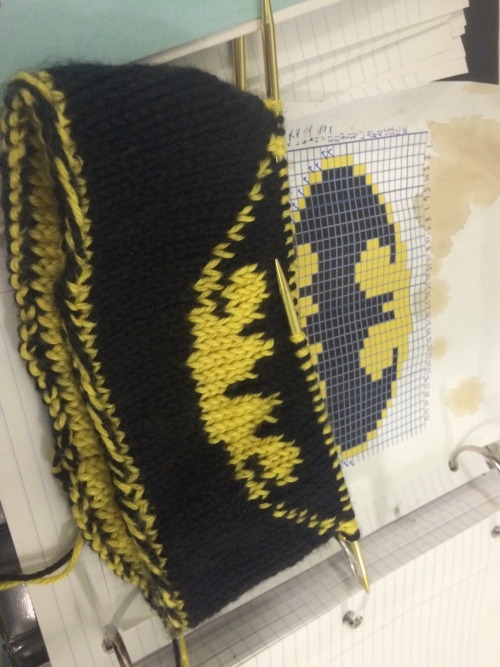 feminknits:Wip double-knit batman hat for a friend Size 8 needles Caron Simply Soft acrylic yarn 