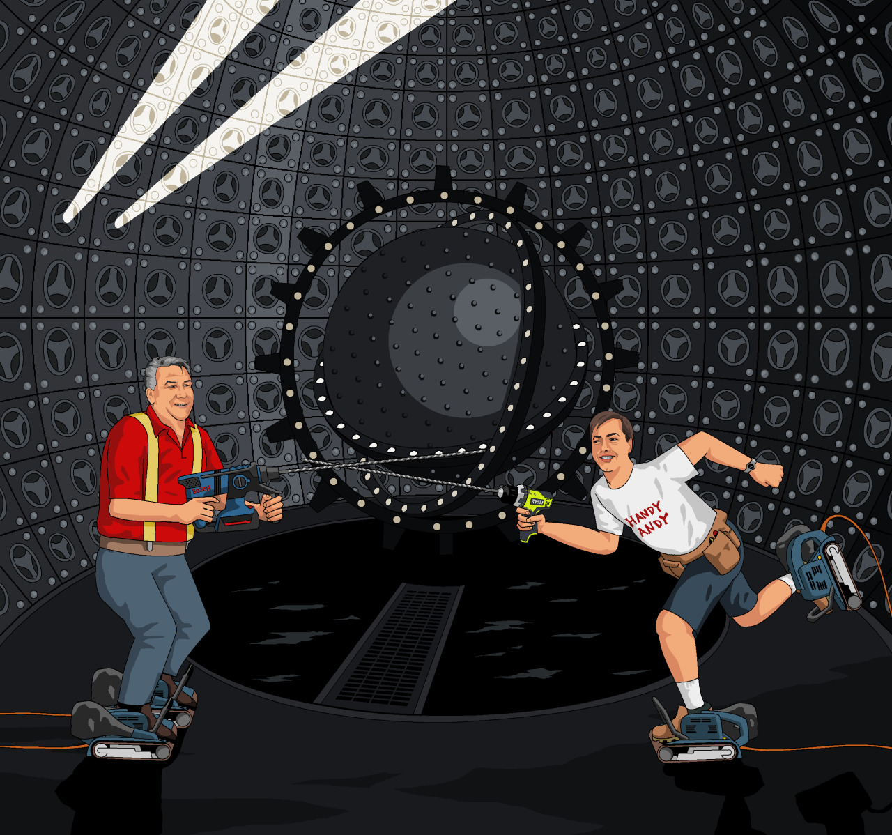 jimllpaintit:
“Handy Andy and Tommy Walsh, having attached belt sanders to their feet like roller skates, are jousting with metre-long drill bits in their drill of choice. Tommy Walsh has opted for a sensible 36V Bosch SDS hammer drill; while Handy...