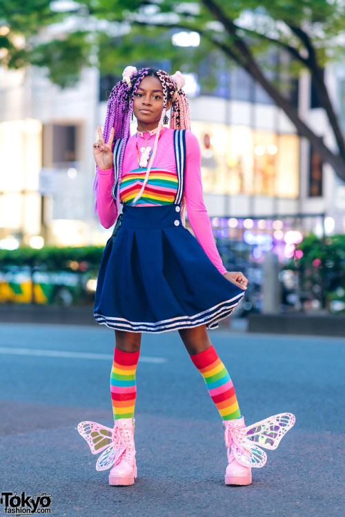 tokyo-fashion:Sierra on the street in Harajuku wearing a rainbow top and matching rainbow socks, a s