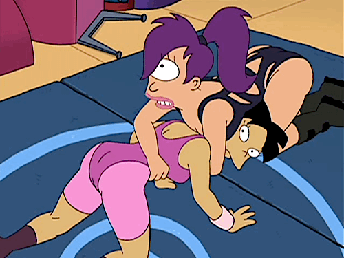 Leela and Amy doing a little wrestling on Futurama