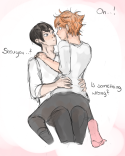 thaidoodles:   &ldquo;…It’s fine… I guess…&rdquo;  ages ago Val and I talked about hinata getting excited about being taller than kageyama in *certain situations* and I said I’d draw it  long story short I FORGOT SHAME ON ME .AAAA. BUUUUUT very