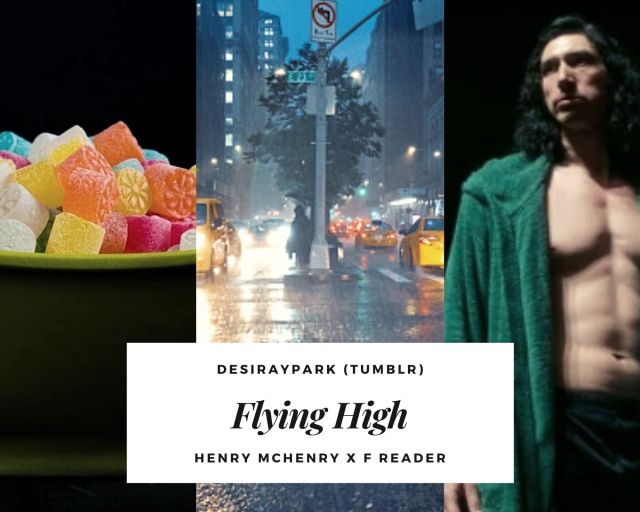 Three photo collage (all photos aligned vertically). First photo is a bowl of THC gummies against a black background. The second photo features a rainy night in NYC. The third photo is of Henry McHenry (from 'Annette' 2021) in a green robe. The background is also black. The fic's title is superimposed over the image.