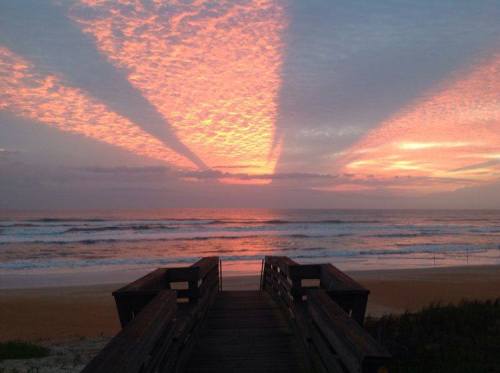 Crepuscular raysAs the sun nears dawn over the Atlantic Ocean near St Ormond by the Sea in Florida, 