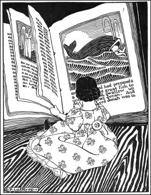 books0977:Illustration of girl reading about Jonah by Dorothy P. Lathrop from Hitty - Her First Hu