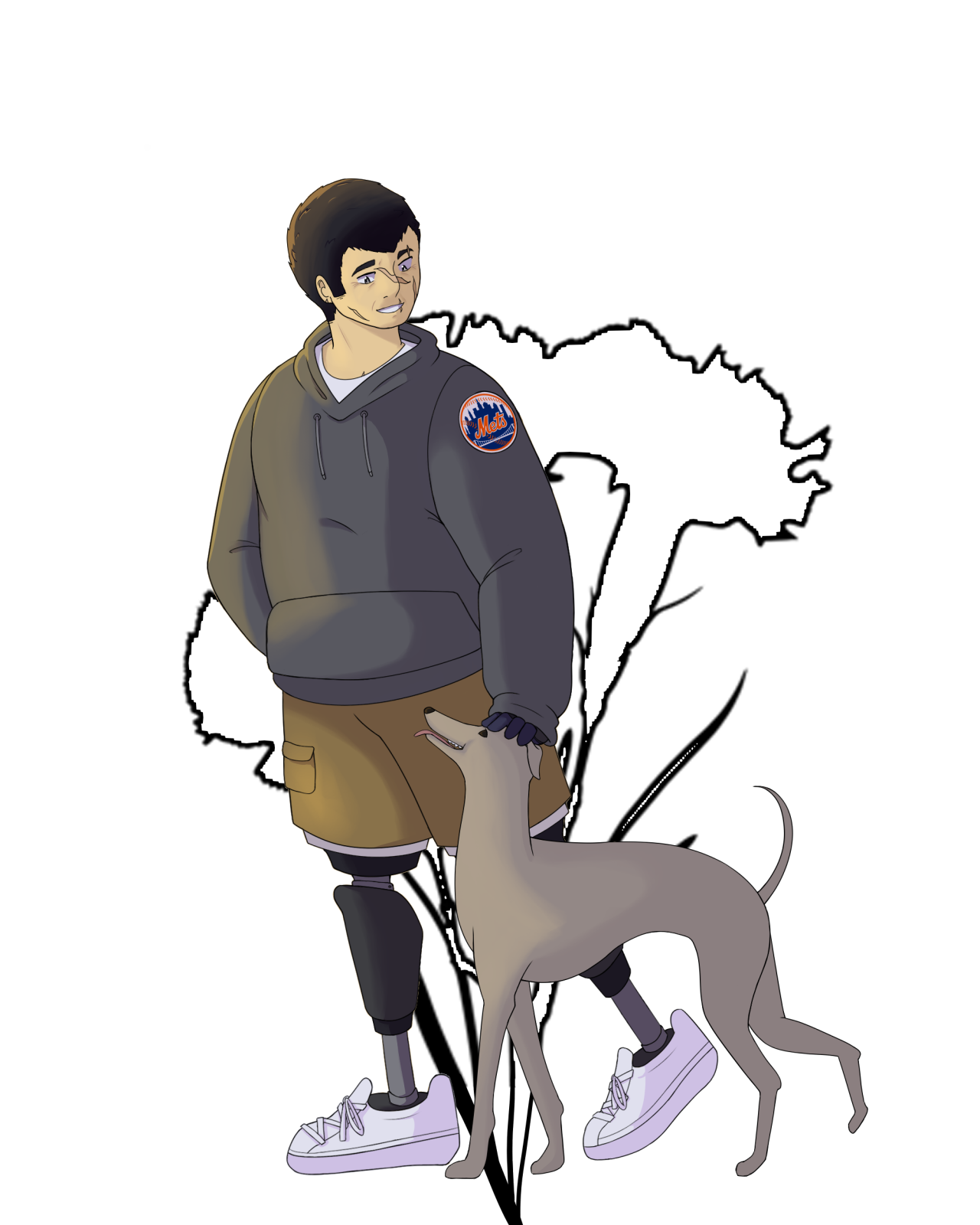 Chen is walking next to a greyhound named Spoon. Spoon has his tongue stuck out with a happy look on his face, while Chen looks back down on him with a fond expression, petting Spoon's head. He is wearing a grey sweater with a 'Mets' baseball logo on the side alongside cargo-shorts and white sneakers. The shorts show off his prosthetic legs. They stand in front of the outline of a carnation.