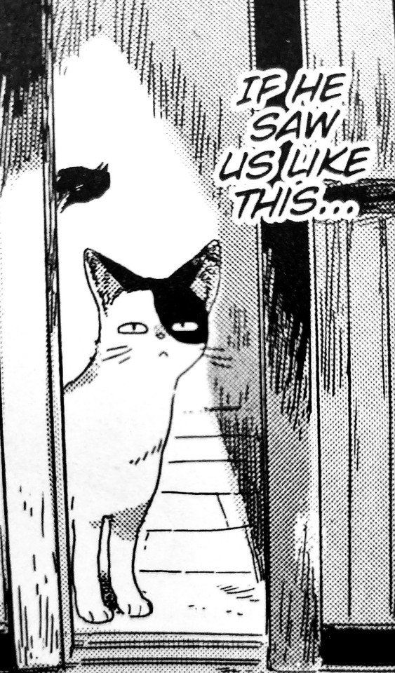 A black and white picture taken of a manga panel. In it is a white cat partially hidden behind a cracked door with the caption "if he saw us like this..."
