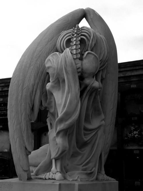 ex0skeletal:  The Kiss of Death is a marble sculpture  by Jaume Barba   in Poblenou Cemetery in Barcelona. Inscribed on the tomb below is the quote:“His young heart is thus extinguished. The blood in his veins grows cold. And all strength has gone.