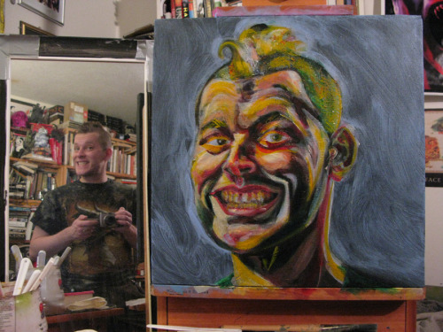 Here’s a process view of my latest self-portrait.  Golden acrylic paints on canvas.