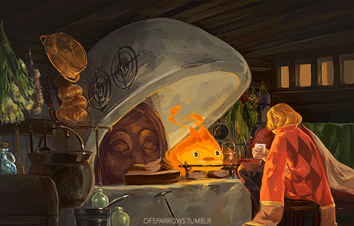 harps-and-robins:  ofsparrows:  I like to think that Howl and Calcifer just sat down