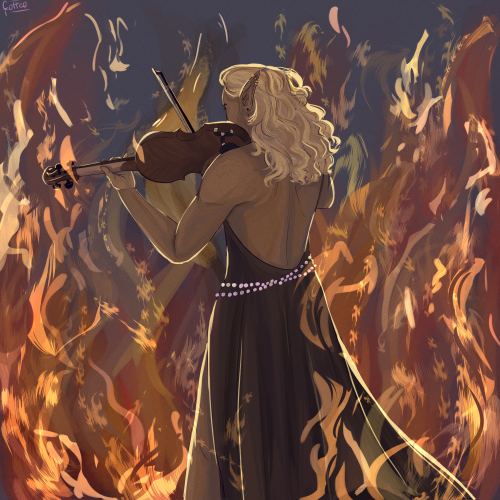 [ID: lup, a brown-skinned elven woman with long-ish blonde hair, playing violin with her back toward
