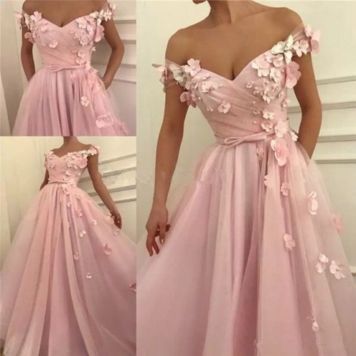 Elegant Off the Shoulder Pink Prom Dress With Flowers. Item code:IN0251 Free shipping, Fast Delivery