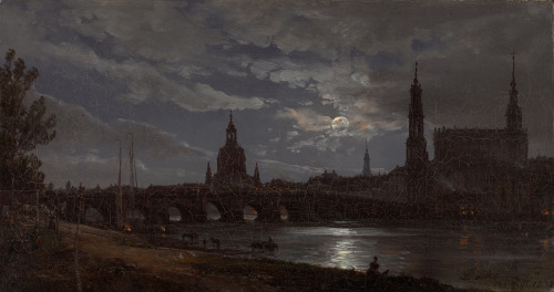  catonhottinroof: Alternative color themes for Dahl’s ‘View of Dresden by Moonlight’ (1839)   exhibited in New Masters Gallery, Dresden and early version of the painting (1838) stored in The National Museum of Art, Architecture and