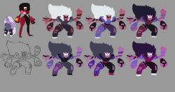 From Color Stylist Tiffany Ford:  here some color blocks I did for the character Sugilite in the newest Steven Universe episode, Coach Steven!  sometimes before we lockdown a character, we’ll run through some different color options to see what’s