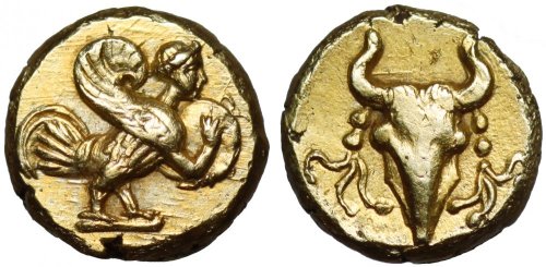 archaicwonder:Extremely rare, mint condition coin from Ionia, 5th Century BCThis electrum 1/12 state