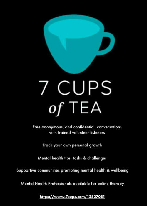 Need to chat?7 Cups of Tea supports and promotes mental health and wellbeing!Lots of free resources 