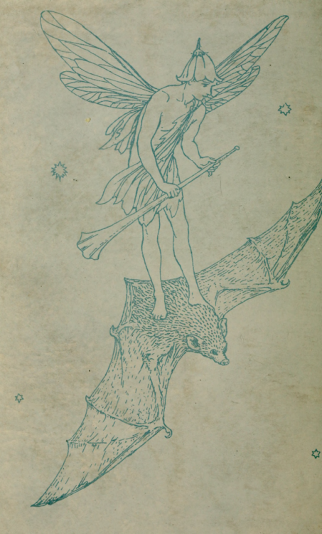 nemfrog: A bat carries a fairy on its back. The crimson fairy book. 1903. Endpaper.  Inter