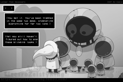 [A shot now revealing that SIFFRIN is standing in front of of THE CHANGE GOD STATUE IN DORMONT. The statue’s expression has changed to one of the ones featured in game, being the one with a leaking face and wide eyes.]

[SIFFRIN is being shown from behind.]

SIFFRIN’S INNER MONOLOGUE is written as: 
[ellipses.]

(You get it. You’ve been trapped in the same two days, stagnating everything for far too long.)

(Yet you still haven’t figured out how to end these blinding loops.)